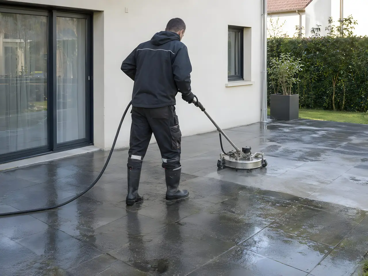Ouvrier en bottes qui nettoie de grandes dalles de terrasse grises avec un nettoyeur de surface rotatif