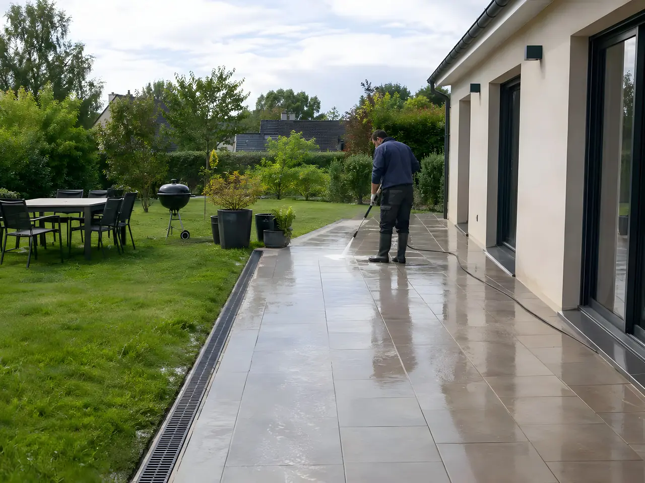 Ouvrier qui lave au jet haute pression une terrasse carrelée le long d'une maison, mobilier sur la pelouse