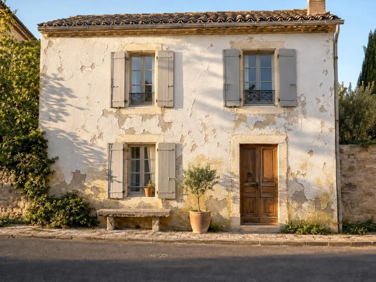 Façade de maison de village à la peinture blanche écaillée par plaques, volets gris clair, porte en bois, banc de pierre