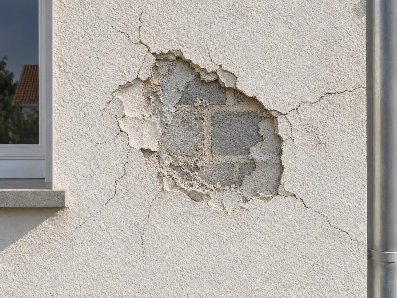 Crépi blanc cassé fendillé autour d'une plaque tombée laissant voir le parpaing, entre une fenêtre et une descente d'eau