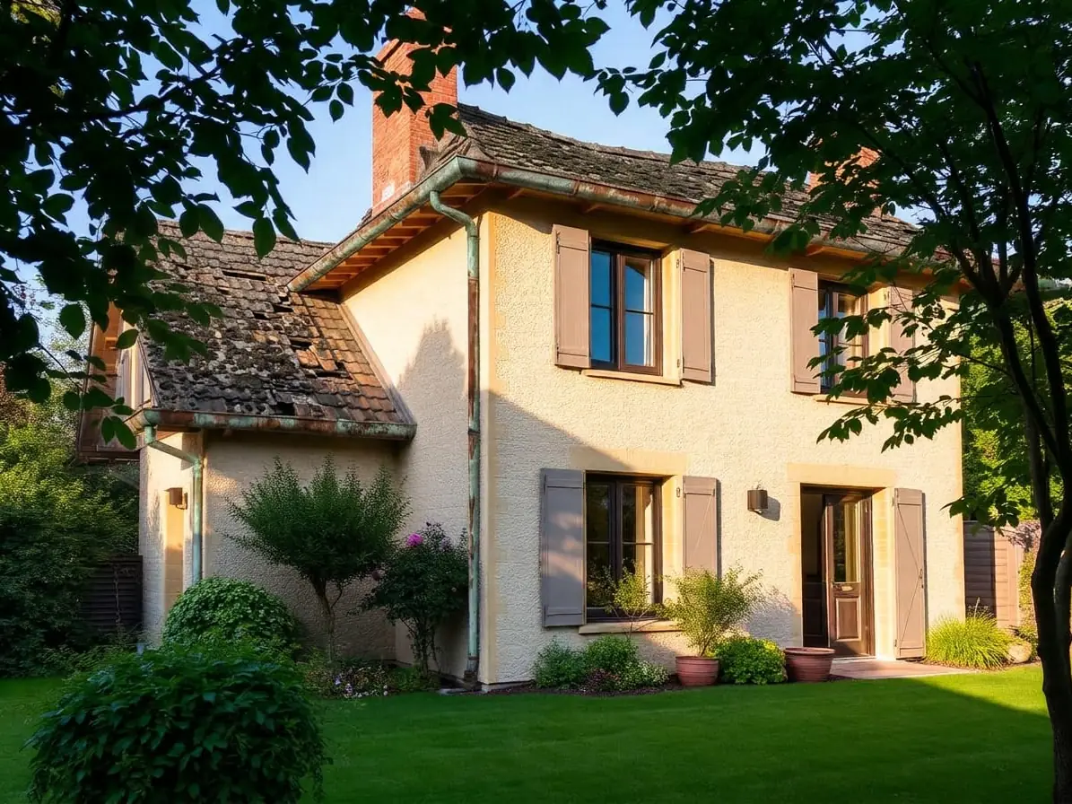 Maison en crépi jaune pâle aux volets taupe, toit de tuiles brunes assombri par la mousse, vu entre des branches