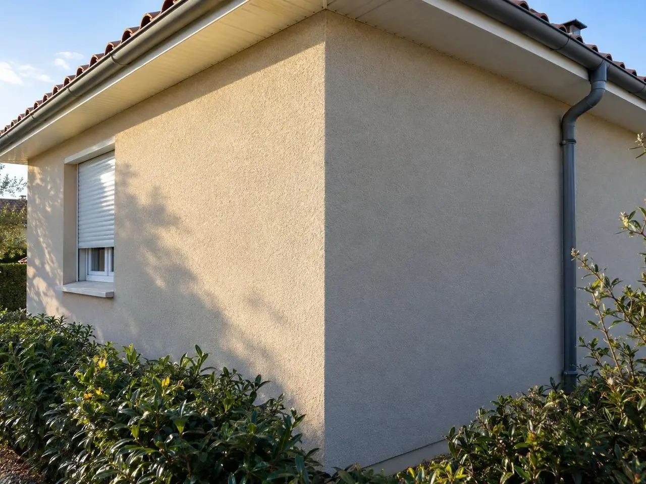 Angle de pavillon en crépi beige uniforme, arête droite et nette du toit à la haie, descente d'eau à droite