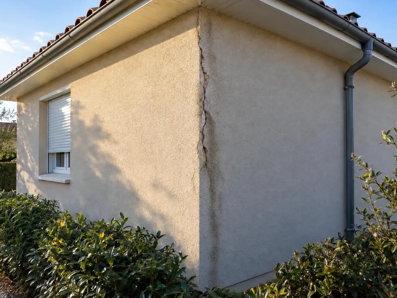 Angle de pavillon en crépi beige parcouru d'une fissure ouverte du toit vers le bas, traînée sombre d'humidité